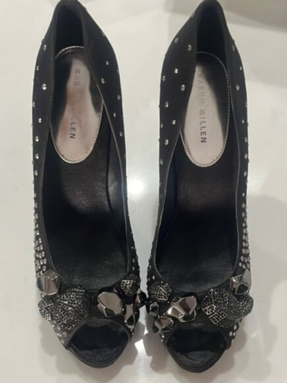 Karen Millen Black Embellished Peep-Toe Heels